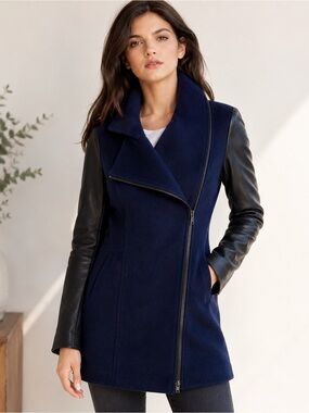 Truth & Pride Wool Alpaca Moto Coat Navy Black Leather Sleeve Asymmetrical Zip